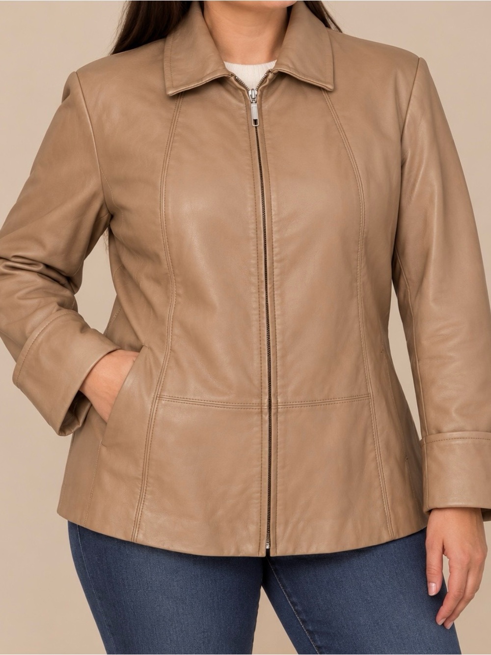 Bianca Nygård Taupe Leather Zip-Front Jacket w Rolled Cuff & Slight Peplum (10)